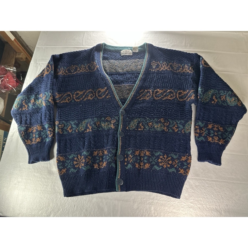 VTG 90s City Streets Sweater Mens Medium Abstract Retr Purple Cardigan Geometric